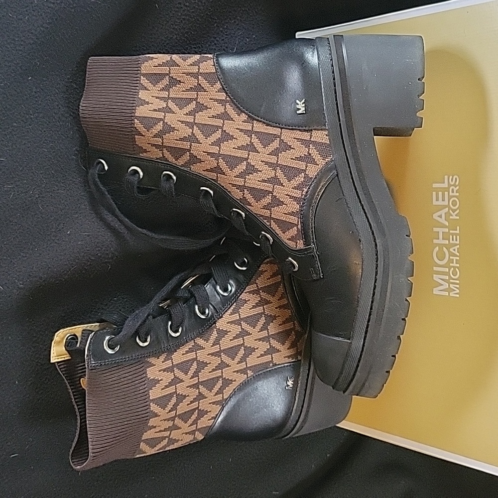 Michael Kors Brea Leather and Logo Jacquard Combat Boot